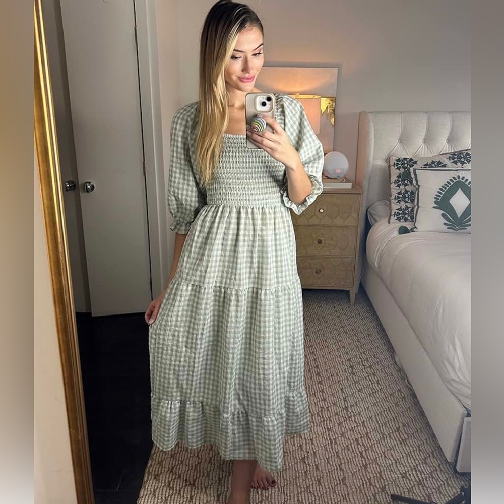 Cottagecore Sage Green Gingham Midi Dress